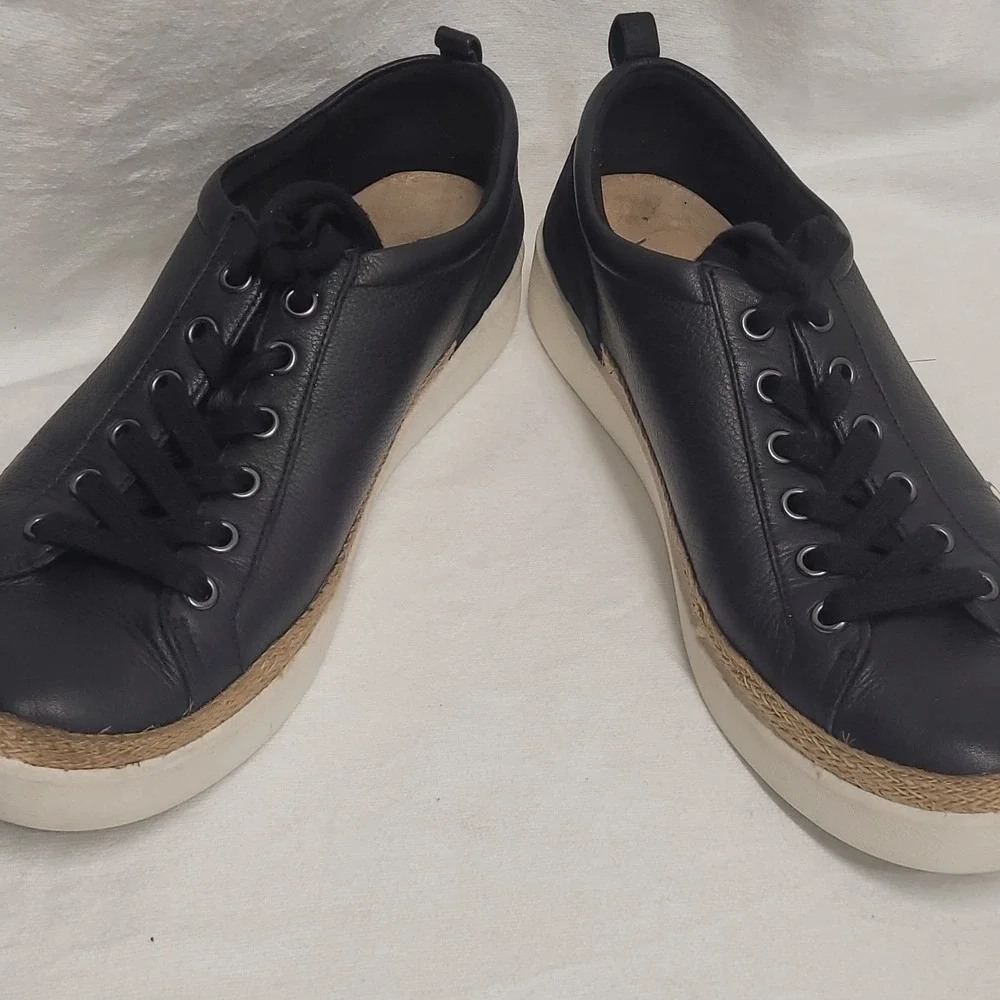 Vionic Elisia Black Leather Jute Trim Orthotic Sneakers Womens 10 Low Top Laces